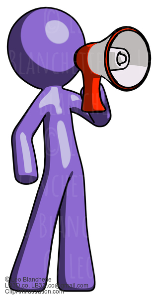 Purple Design Mascot Man Shouting Into Megaphone Bullhorn Facing Right #10885