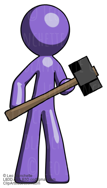 Purple Design Mascot Man With Sledgehammer Standing Ready To Work Or Defend #10891