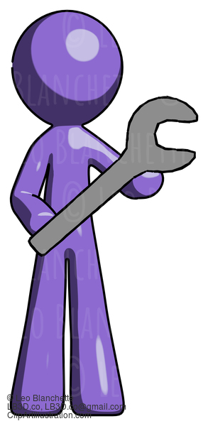 Purple Design Mascot Man Holding Large Wrench With Both Hands #10893