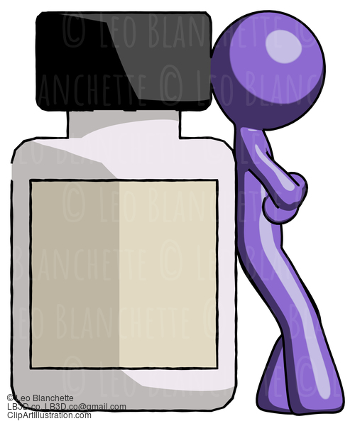 Purple Design Mascot Man Leaning Against Large Medicine Bottle #10901