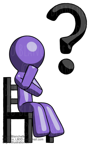 Purple Design Mascot Man Question Mark Concept, Sitting On Chair Thinking #10908