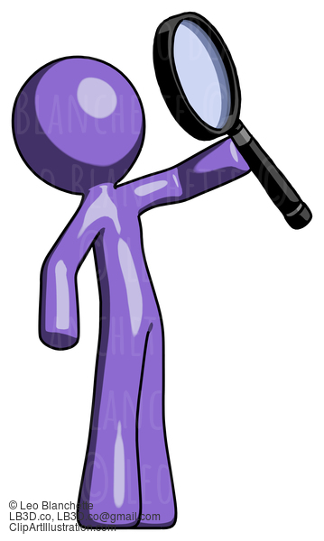 Purple Design Mascot Man Inspecting With Large Magnifying Glass Facing Up #10909