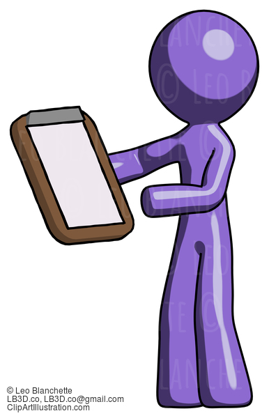 Purple Design Mascot Man Reviewing Stuff On Clipboard #10915