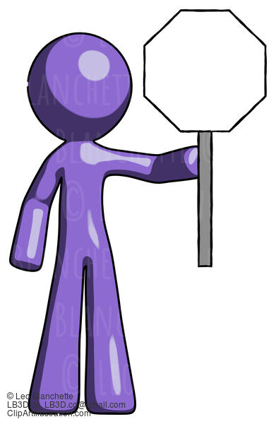 Purple Design Mascot Man Holding Stop Sign #10916