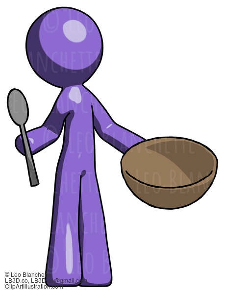 Purple Design Mascot Man With Empty Bowl And Spoon Ready To Make Something #10921