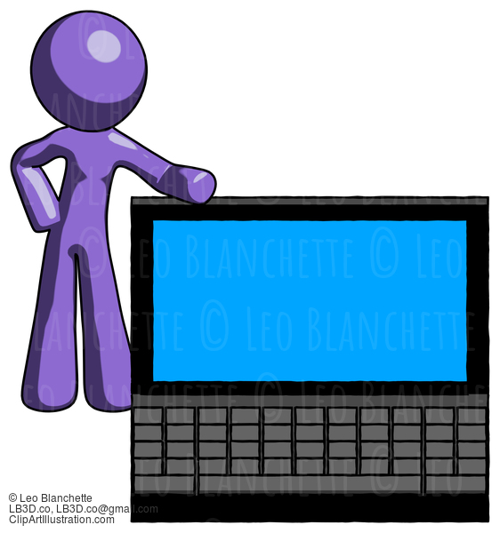 Purple Design Mascot Man Beside Large Laptop Computer, Leaning Against It #10923