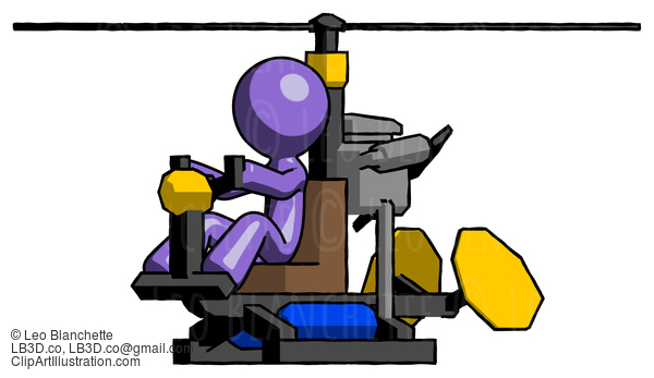 Purple Design Mascot Man Flying In Gyrocopter Front Side Angle View #10925