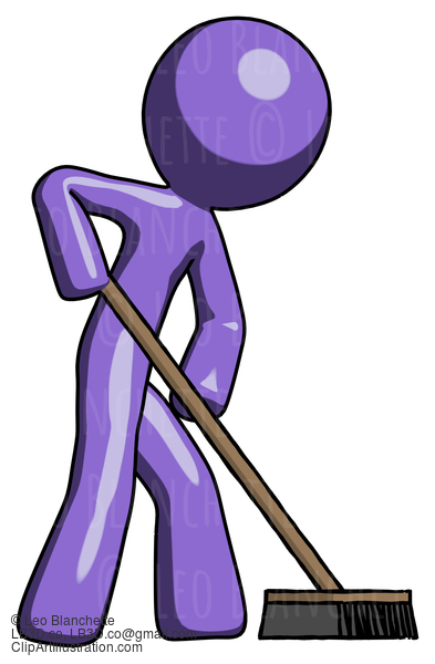 Purple Design Mascot Man Cleaning Services Janitor Sweeping Side View #10929