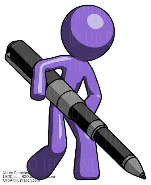 Purple Design Mascot Man Writing With A Really Big Pen #10931