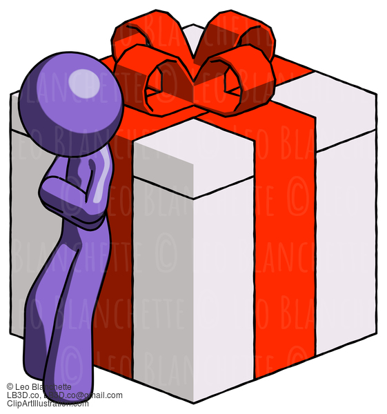 Purple Design Mascot Man Leaning On Gift With Red Bow Angle View #10932