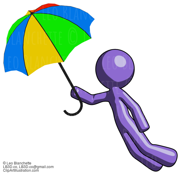 Purple Design Mascot Man Flying With Rainbow Colored Umbrella #10935