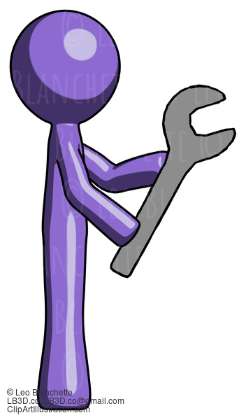 Purple Design Mascot Man Using Wrench Adjusting Something To Right #10938