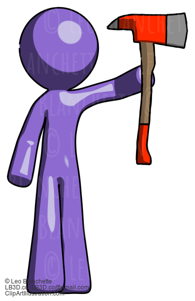 Purple Design Mascot Man Holding Up Red Firefighter’S Ax #10942