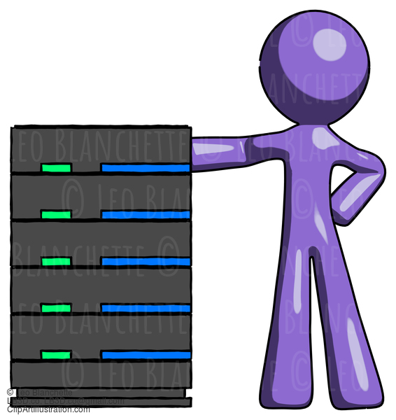 Purple Design Mascot Man With Server Rack Leaning Confidently Against It #10944