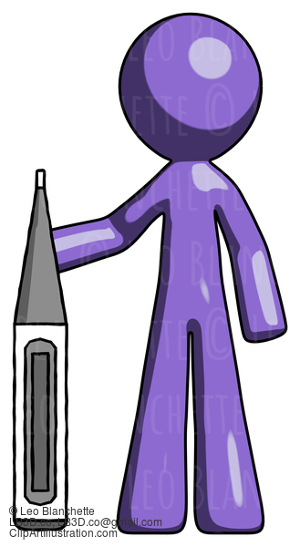 Purple Design Mascot Man Standing With Large Thermometer #10949