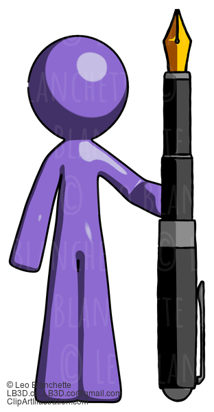 Purple Design Mascot Man Holding Giant Calligraphy Pen #10952