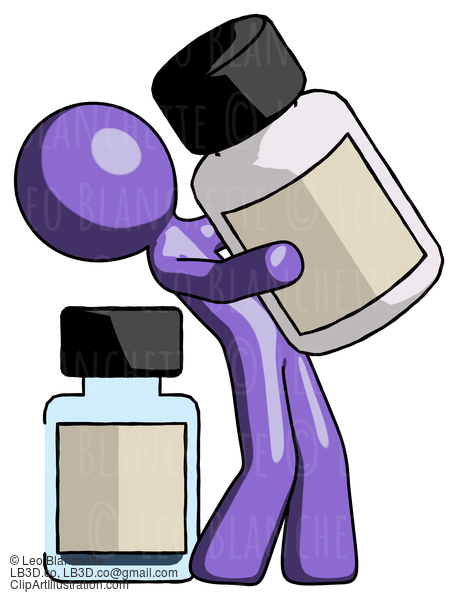 Purple Design Mascot Man Holding Large White Medicine Bottle With Bottle In Background #10953