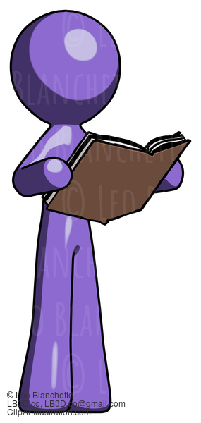 Purple Design Mascot Man Reading Book While Standing Up Facing Away #10954