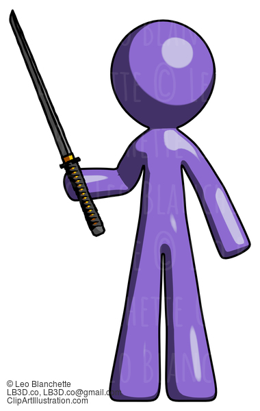 Purple Design Mascot Man Standing Up With Ninja Sword Katana #10959