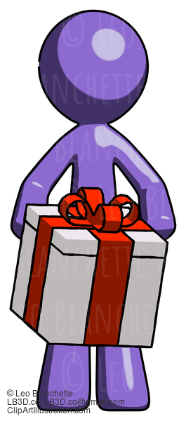 Purple Design Mascot Man Gifting Present With Large Bow Front View #10960