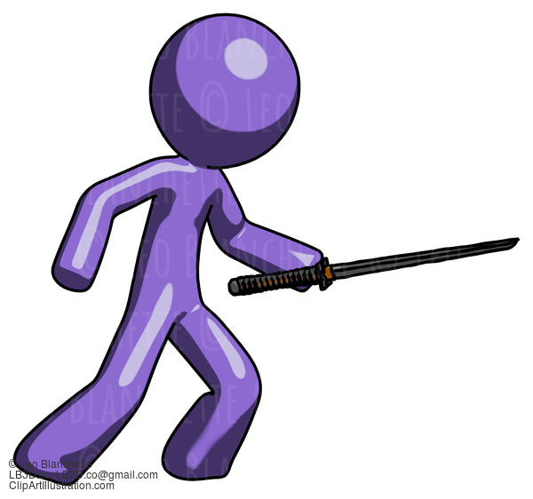 Purple Design Mascot Man Stabbing With Ninja Sword Katana #10963