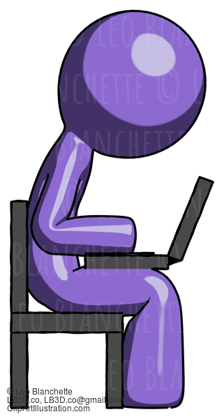 Purple Design Mascot Man Using Laptop Computer While Sitting In Chair View From Side #10966