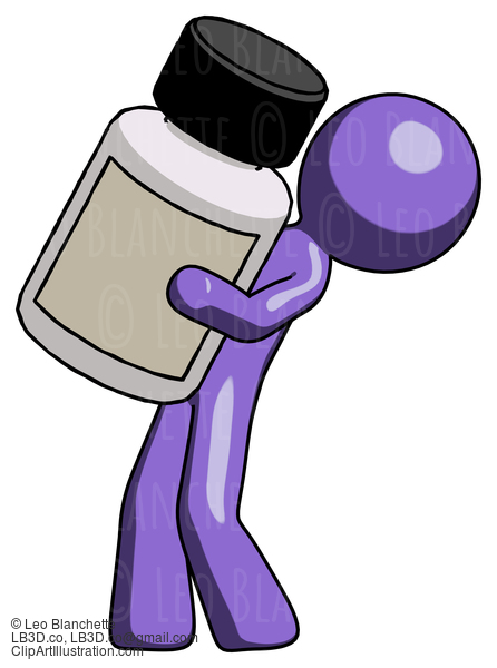 Purple Design Mascot Man Holding Large White Medicine Bottle #10967