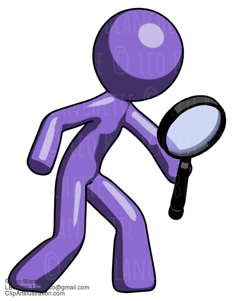 Purple Design Mascot Man Inspecting With Large Magnifying Glass Right #10968