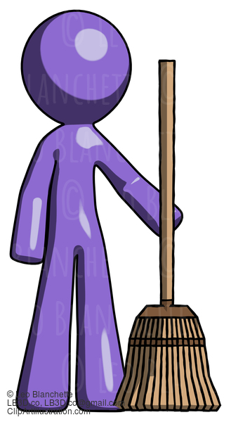 Purple Design Mascot Man Standing With Broom Cleaning Services #10980