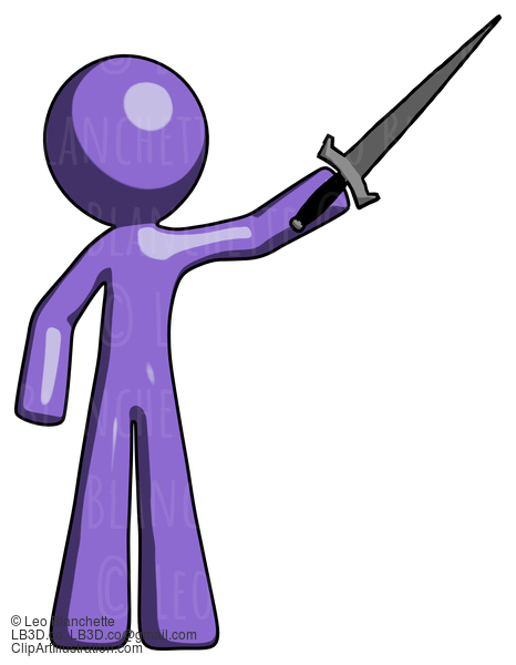 Purple Design Mascot Man Holding Sword In The Air Victoriously #10989