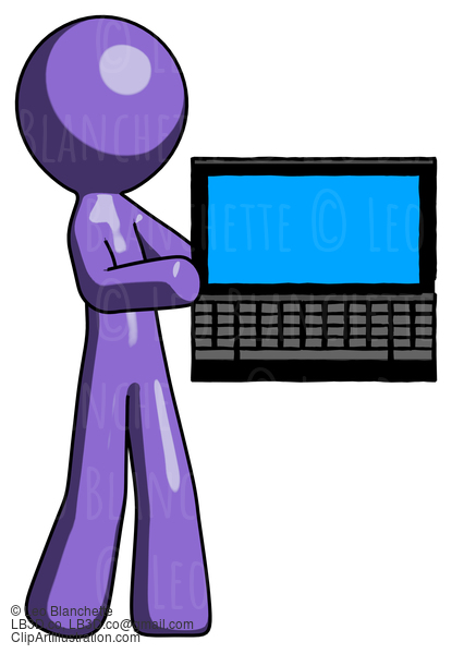 Purple Design Mascot Man Holding Laptop Computer Presenting Something On Screen #10991