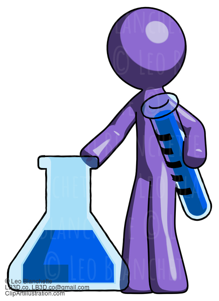 Purple Design Mascot Man Holding Test Tube Beside Beaker Or Flask #10993