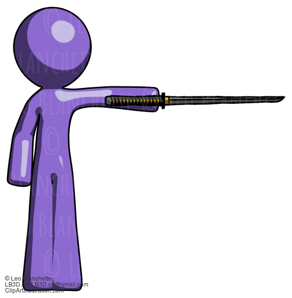 Purple Design Mascot Man Standing With Ninja Sword Katana Pointing Right #10998