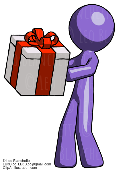 Purple Design Mascot Man Presenting A Present With Large Red Bow On It #10999