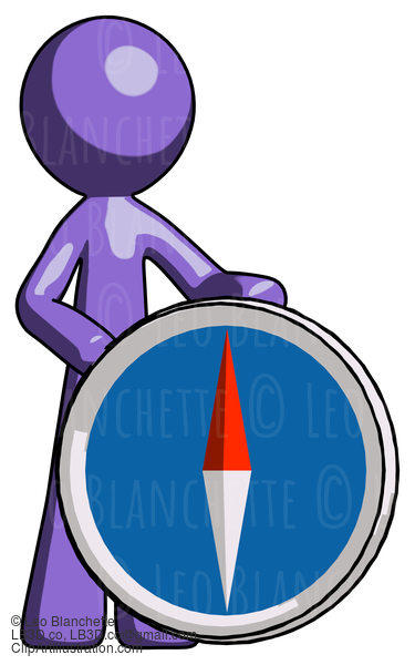 Purple Design Mascot Man Standing Beside Large Compass #11001