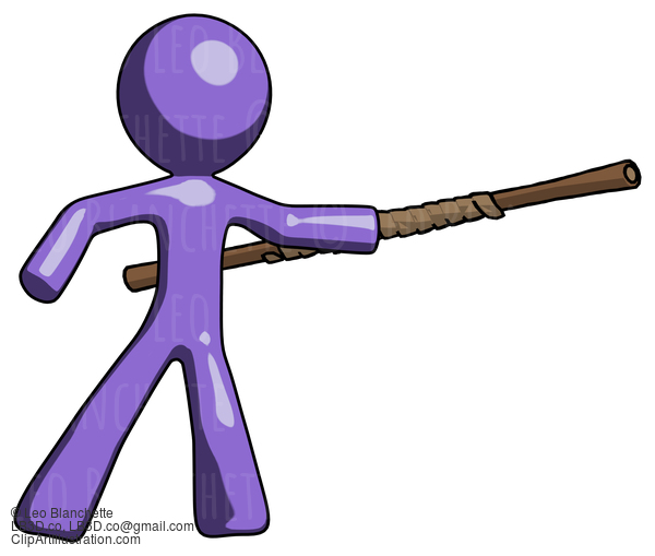 Purple Design Mascot Man Bo Staff Pointing Right Kung Fu Pose #11002