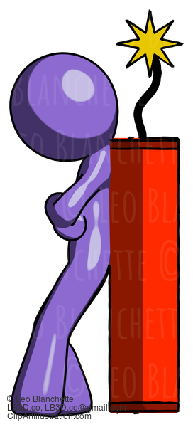 Purple Design Mascot Man Leaning Against Dynimate, Large Stick Ready To Blow #11004