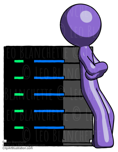 Purple Design Mascot Man Resting Against Server Rack Viewed At Angle #11005