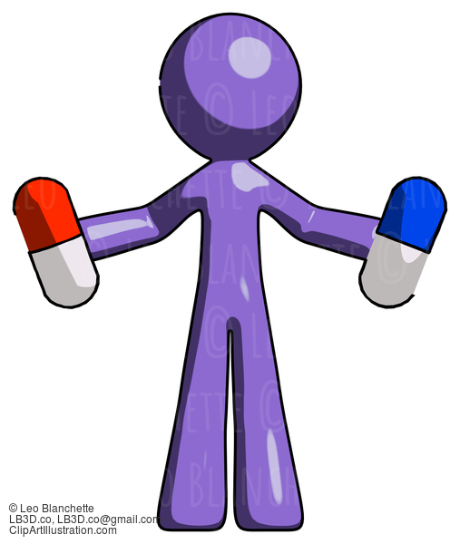 Purple Design Mascot Man Holding A Red Pill And Blue Pill #11007