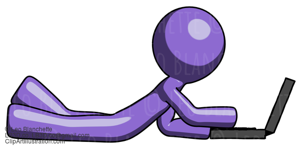 Purple Design Mascot Man Using Laptop Computer While Lying On Floor Side View #11009