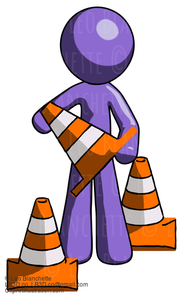 Purple Design Mascot Man Holding A Traffic Cone #11015