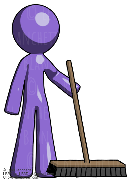 Purple Design Mascot Man Standing With Industrial Broom #11021