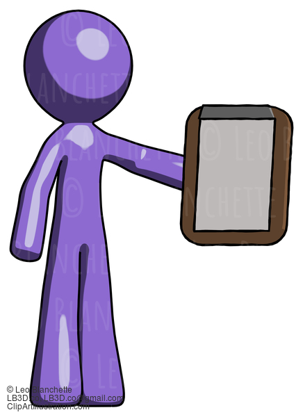 Purple Design Mascot Man Showing Clipboard To Viewer #11025