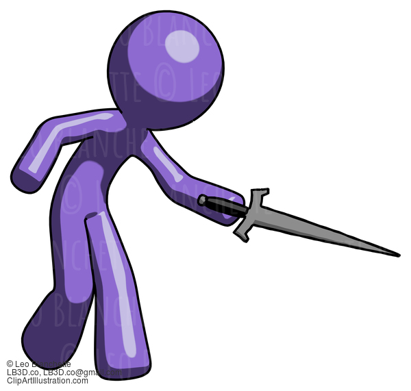 Purple Design Mascot Man Sword Pose Stabbing Or Jabbing #11029