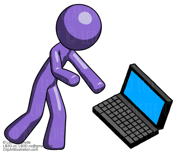 Purple Design Mascot Man Throwing Laptop Computer In Frustration #11036