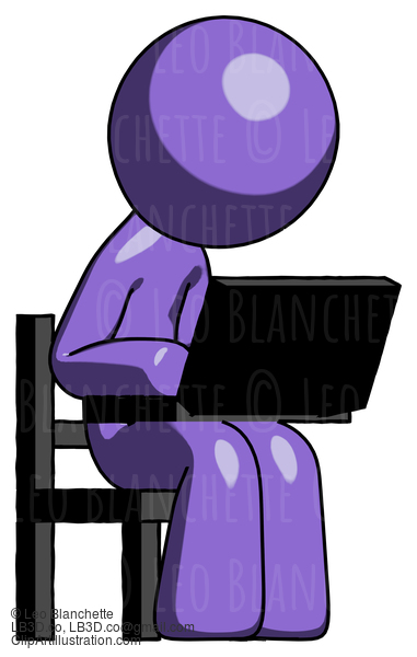 Purple Design Mascot Man Using Laptop Computer While Sitting In Chair Angled Right #11038