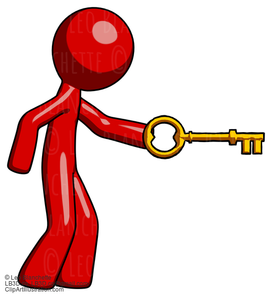 Red Design Mascot Man With Big Key Of Gold Opening Something #10127