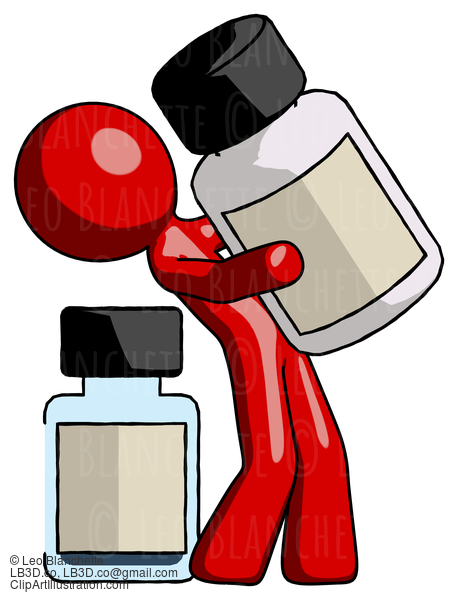 Red Design Mascot Man Holding Large White Medicine Bottle With Bottle In Background #10129