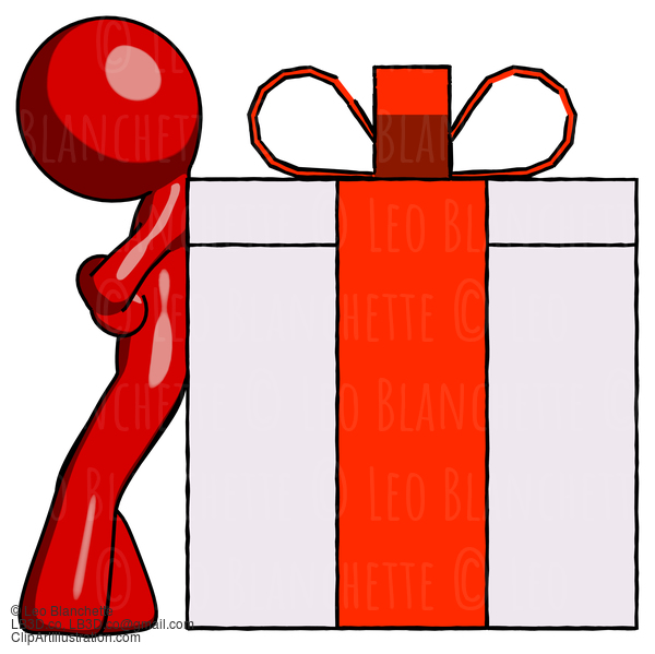 Red Design Mascot Man Gift Concept - Leaning Against Large Present #10130