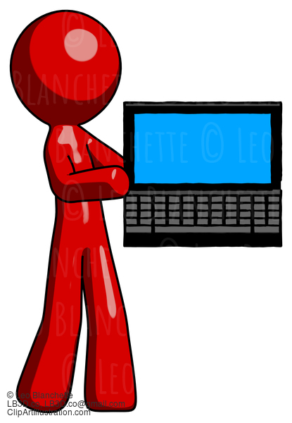 Red Design Mascot Man Holding Laptop Computer Presenting Something On Screen #10134